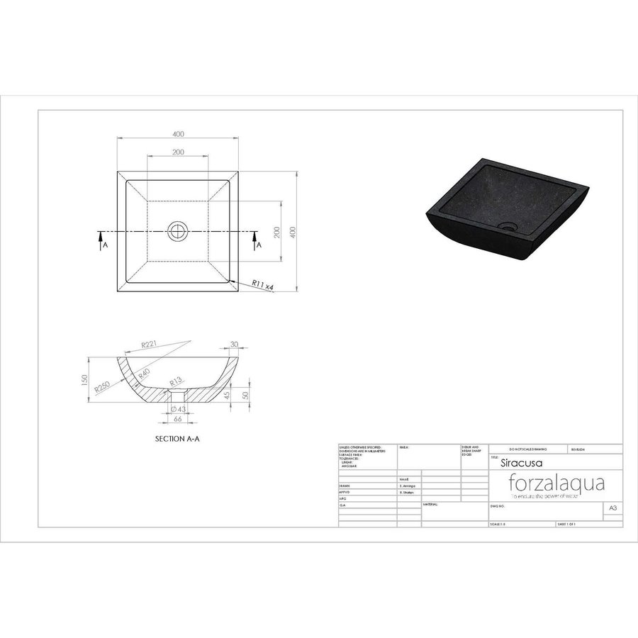 Waskom Forzalaqua Siracusa Graniet Gezoet 40x15 cm