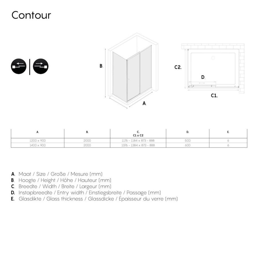 Sealskin Get Wet Contour Douchecabine met Schuifdeur 120x90 cm 6 mm Helder Glas Mat Zwart