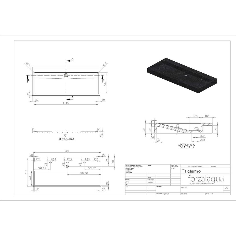 Wastafel Forzalaqua Palermo Graniet Gezoet Gekapt Zonder Kraangat Zwart 120,5x51,5x9 cm