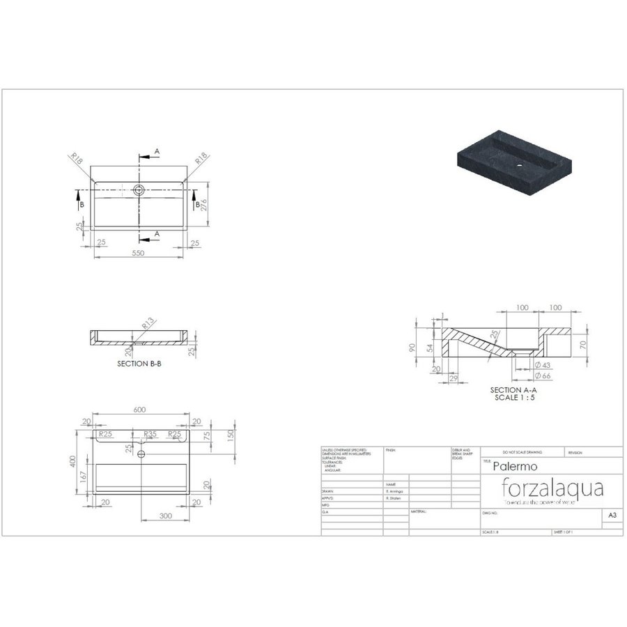 Wastafel Forzalaqua Palermo Graniet Gezoet Zonder Kraangat Zwart 60x40x9 cm