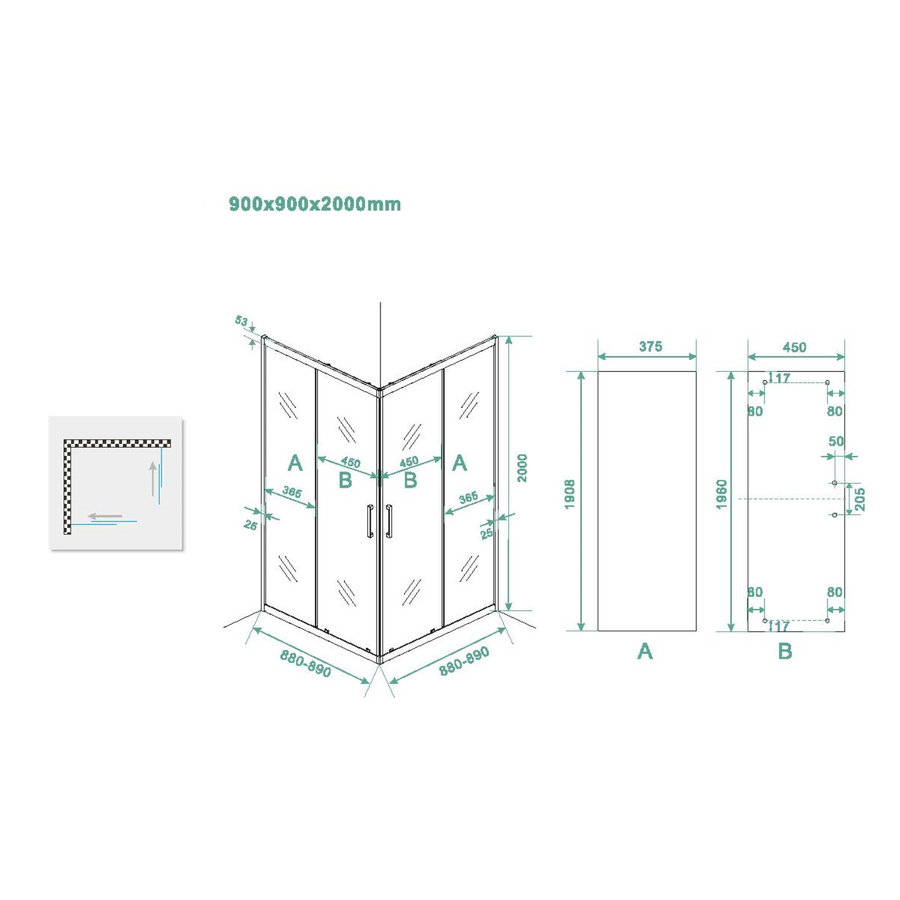 Douchecabine Boss & Wessing Vierkant Hoekinstap 2 Schuifdeuren 90x90x200cm 8mm Helder Glas met Nano Coating Mat Zwart