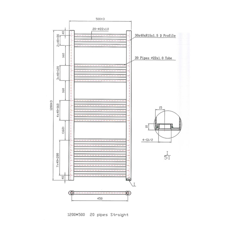 Designradiator Boss & Wessing Vertico Multirail 120x50 cm Chroom Zij-Onderaansluiting