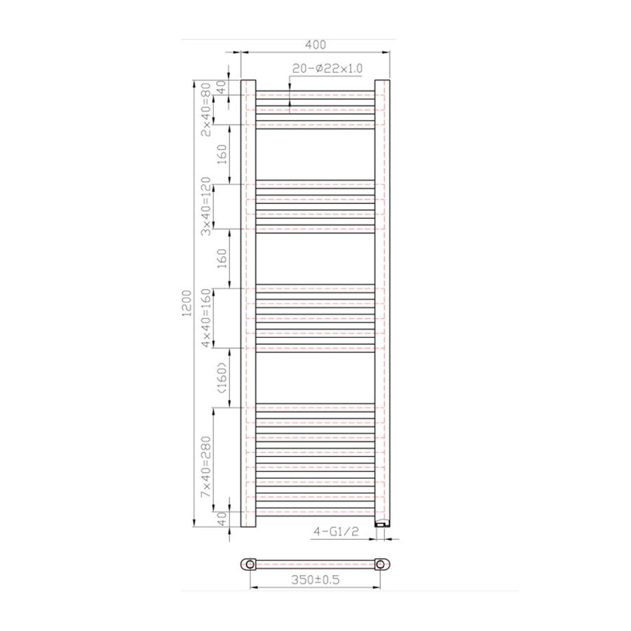 Designradiator Boss & Wessing Vertico Multirail 120x40 cm Antraciet Zij-Onderaansluiting