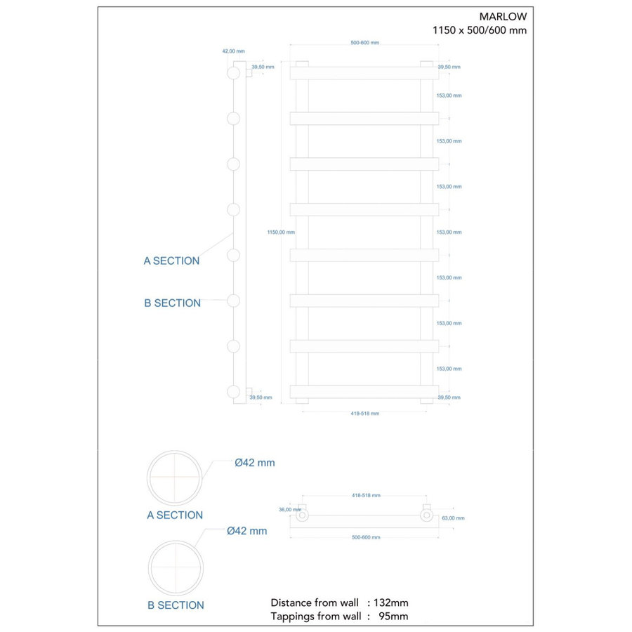 Designradiator Boss & Wessing Tubi Handdoekrek 115x50 cm Zij-Onderaansluiting Mat Wit