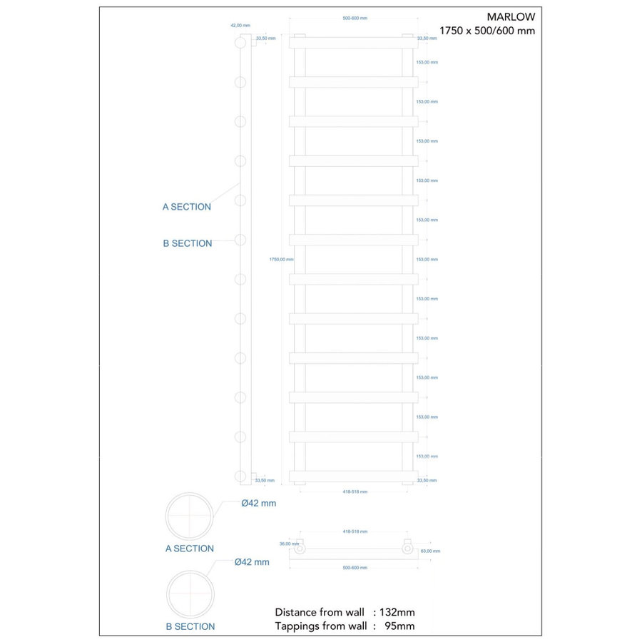 Designradiator Boss & Wessing Tubi Handdoekrek 175x50 cm Zij-Onderaansluiting Mat Wit