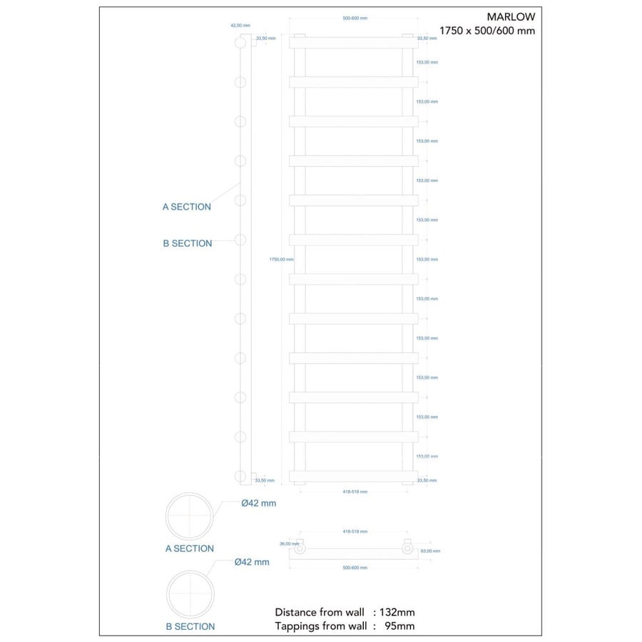 Designradiator Boss & Wessing Tubi Handdoekrek 175x60 cm Zij-Onderaansluiting Mat Wit