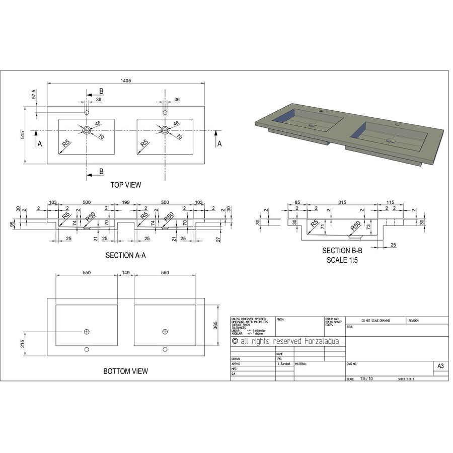 Wastafel Forzalaqua Helsinki Hardsteen Gefrijnd Met 2 Kraangaten 140,5x51,5x9,5 cm