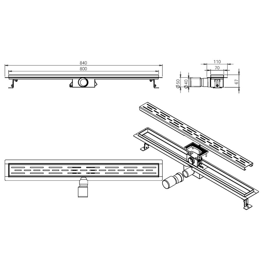 Douchegoot Wiesbaden Met Flens 80x7cm 6.7cm Diep Geborsteld Messing Goud
