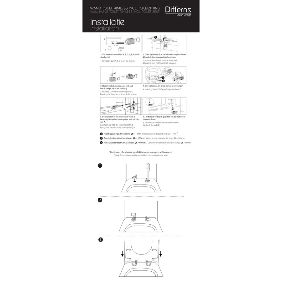 Wandtoilet Differnz Met PK Uitgang Rimless Inclusief Toiletbril Glans Wit