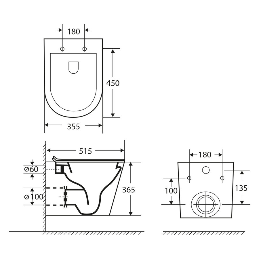 Wandtoilet Differnz Met PK Uitgang Rimless Inclusief Toiletbril Glans Wit