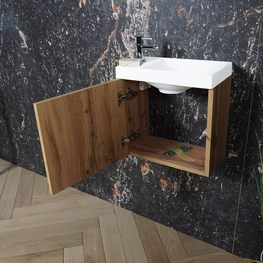 AKTIE! Fonteinmeubel Boss & Wessing Paris Fontein Mat Wit 40 cm Rustiek Eiken (1 kraangat)