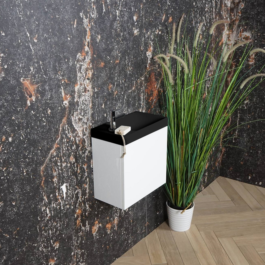 AKTIE! Fonteinmeubel Boss & Wessing Paris Fontein Mat Zwart 40 cm Hoogglans Wit (1 kraangat)