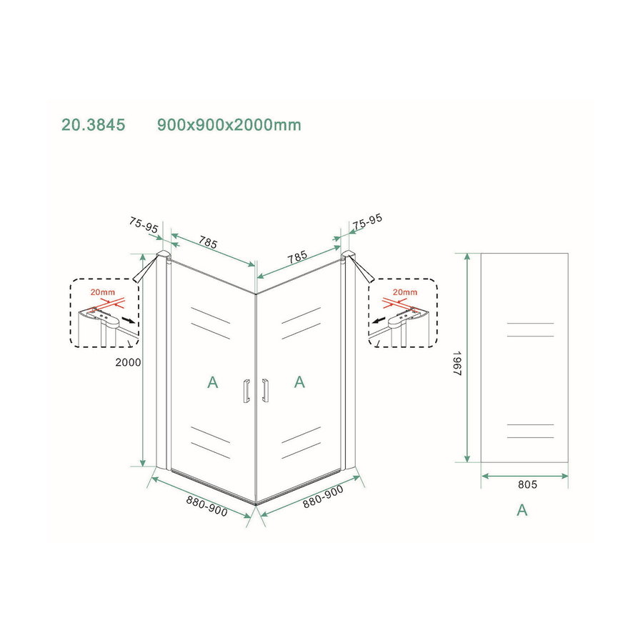 BWS Douchecabine Dubbele Swingdeur 90x90cm 8mm NANO Coating