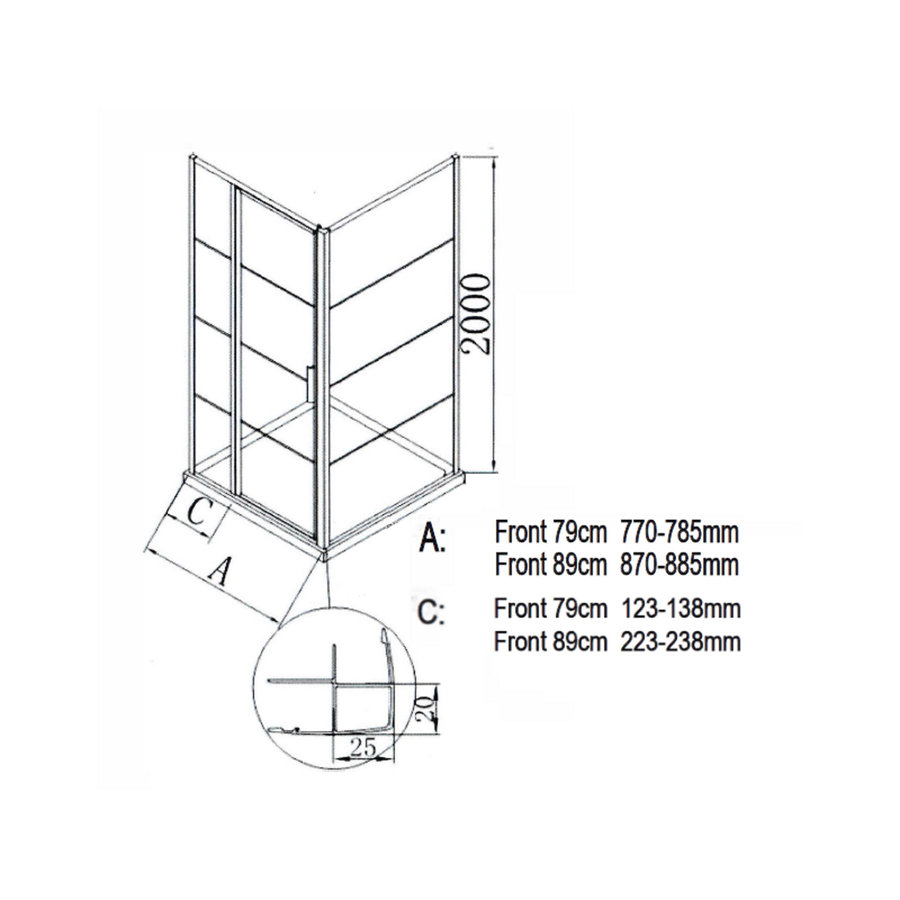 Aquasplash Douchecabine Deur Frame met Vast Paneel 89x200 cm 8 mm NANO Glas Mat Zwart Raster