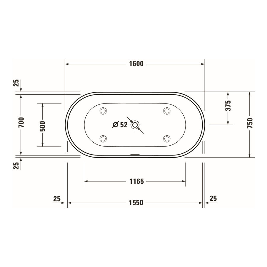 Vrijstaand Ligbad Duravit D-Neo 160x75x60 cm Met Overloop Mat Wit