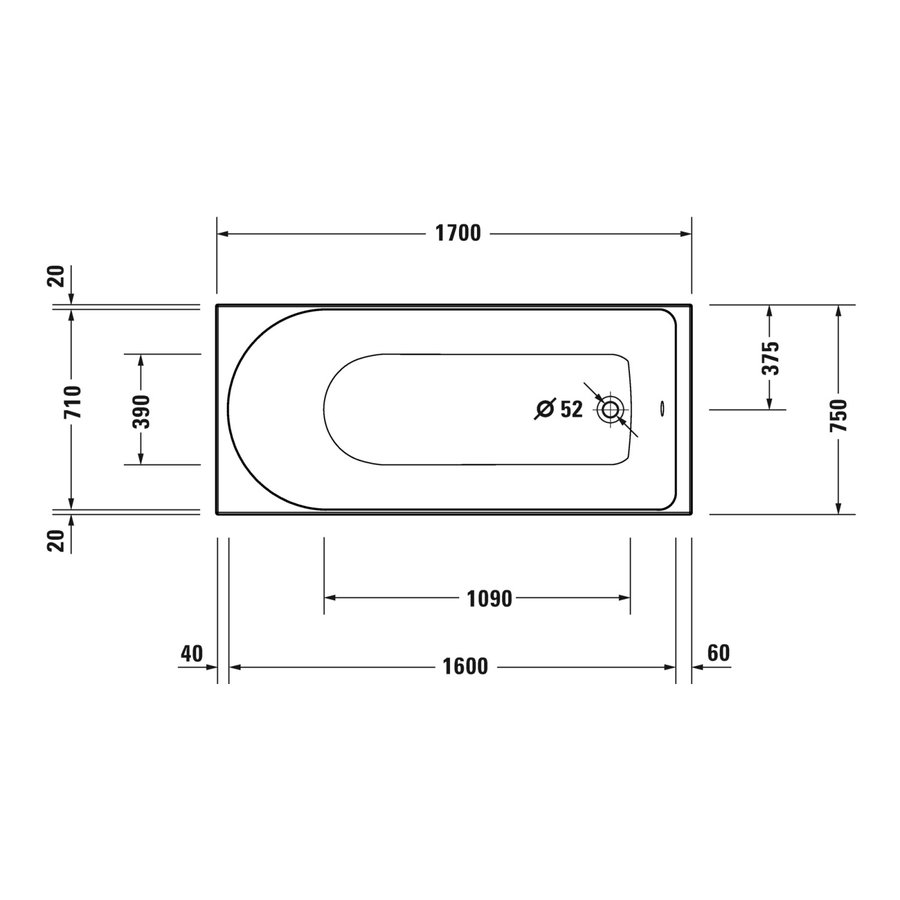 Ligbad Duravit D-Neo Inbouw 170x75x48.5 cm Wit