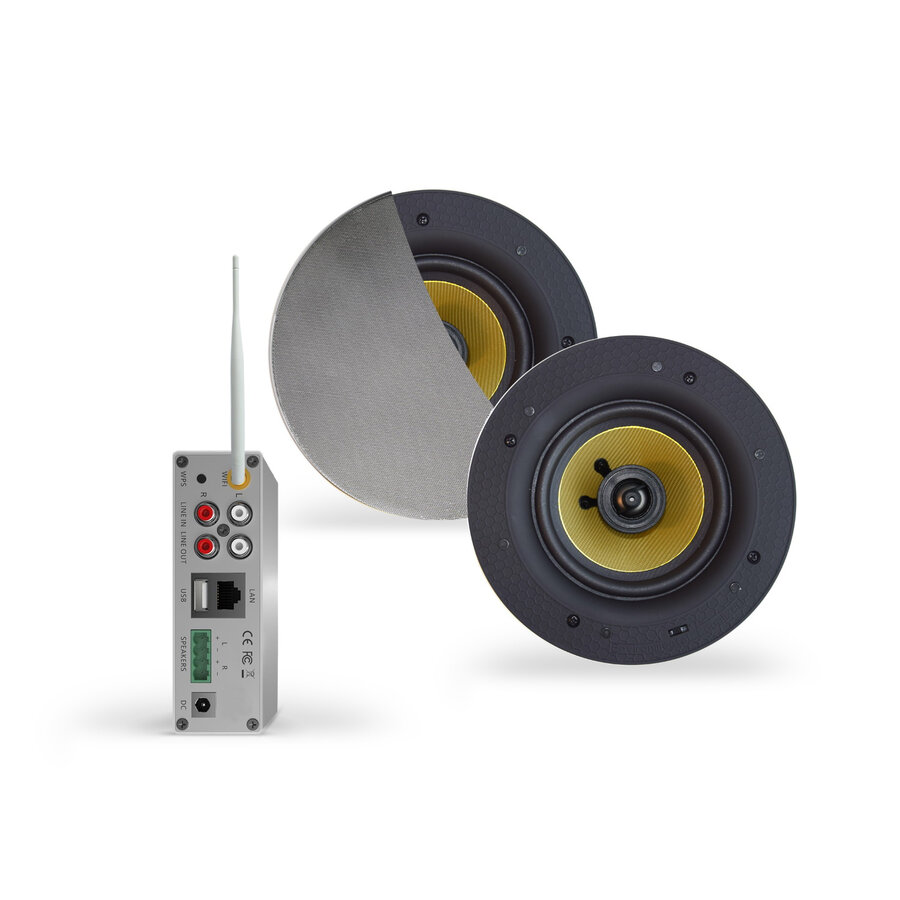 Wifi-Audio Versterker Aquasound Airplay + DLNA 50W Inclusief Speakerset Aquasound Samba 205 mm Mat Chroom