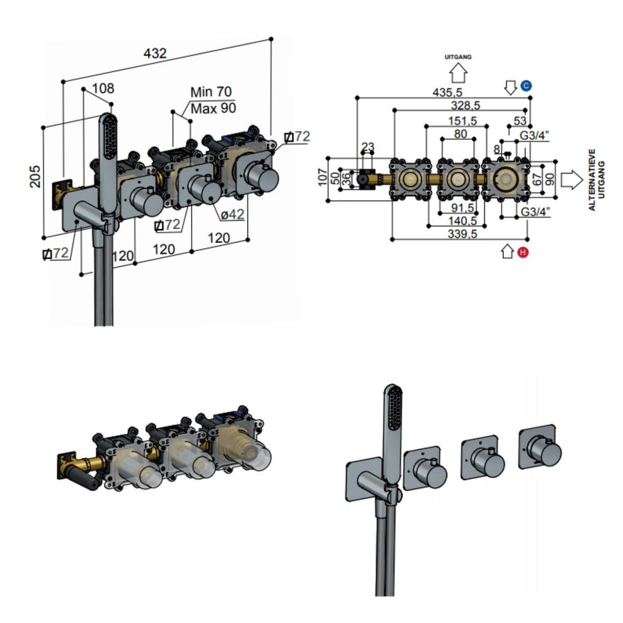 Inbouw Thermostaatkraan Hotbath Gal Voor Bad en Douche met 2 Stopkranen Zonder Uitloop Geborsteld Gunmetal PVD