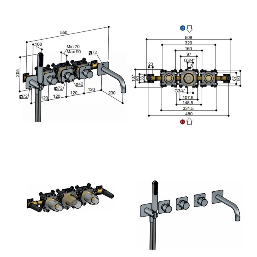 Inbouw Badkraan Hotbath Gal Thermostaatkraan met 2 Stopkranen en Uitloop Chroom