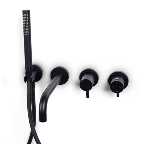 Badkraan Inbouw Bongio Squadra Thermostatisch 22 cm Uitloop met Handdoucheset en 2-Weg Omstel Mat Zwart 