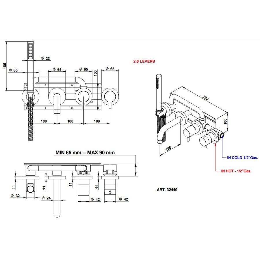 Badkraan Inbouw Bongio Squadra Thermostatisch 22 cm Uitloop met Handdoucheset en 2-Weg Omstel RVS