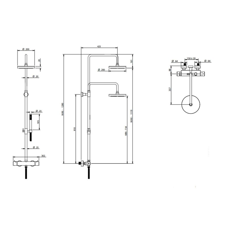 Regendoucheset Luxe Bongio Squadra Thermostatisch Opbouw met Handdouche Chroom