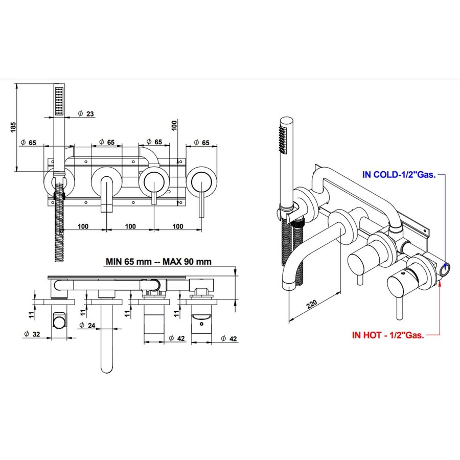 Badmengkraan Inbouw Bongio Squadra 22 cm Uitloop met Handdoucheset en 2-Weg Omstel Chroom