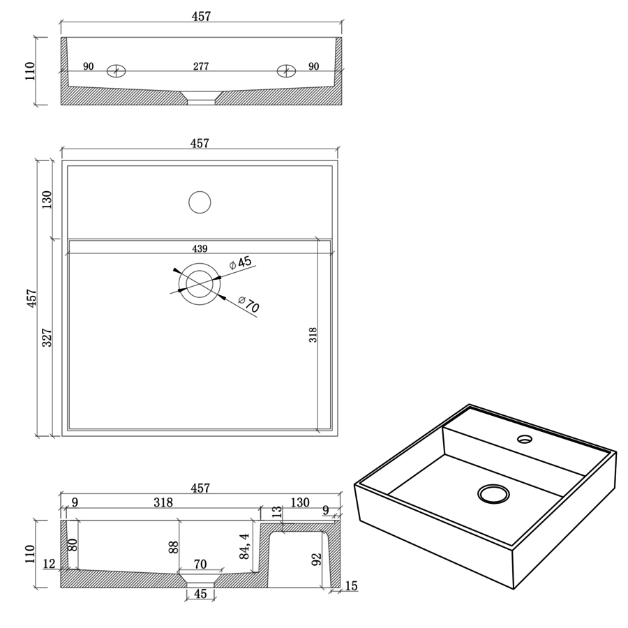 Wastafel Sapho Quadrado 46x46 cm Wit