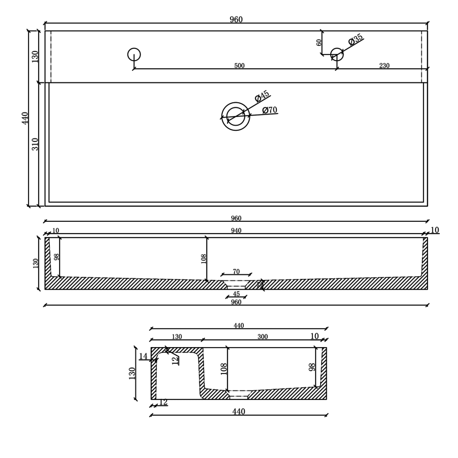 Wastafel 2 Kraangaten Sapho Quadrado 96x44 cm Zwart