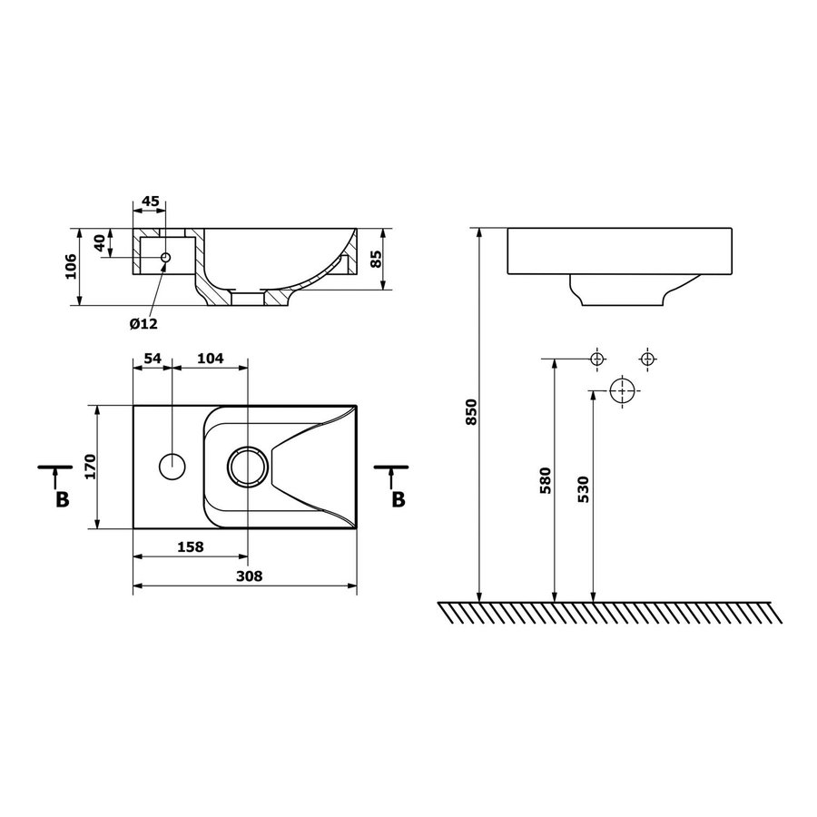 Fontein Sapho Piccolino 30,8x10x17cm Links Kraangat Wit