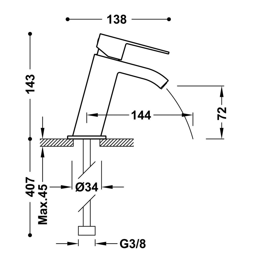 Wastafelmengkraan Tres Cuadro Exclusive 1-Hendel Schuin 14,3 cm met Licht Gebogen Uitloop Waterval RVS