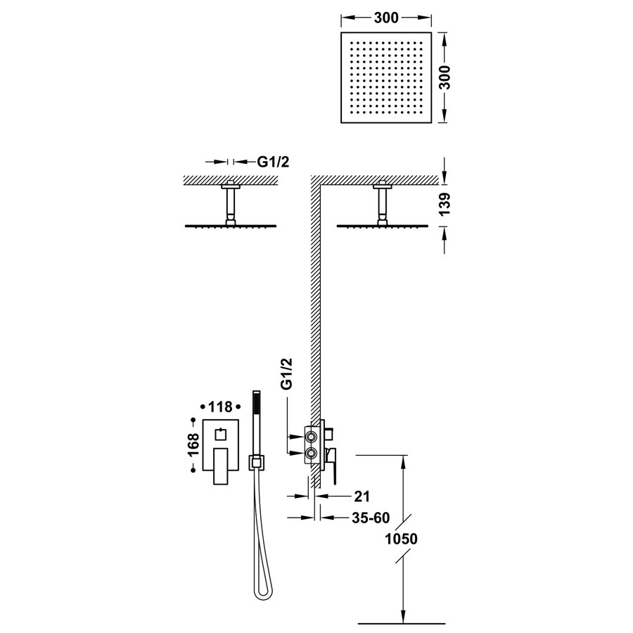 Regendoucheset Inbouw Tres Cuadro Exclusive Met Plafondarm en Handdoucheset met Staafhanddouche Mat Zwart
