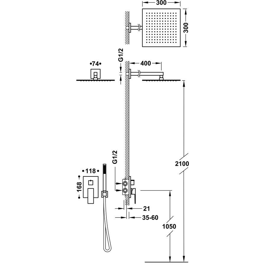 Regendoucheset Inbouw Tres Cuadro Exclusive Met Wandarm en Handdoucheset met Staafhanddouche Mat Wit
