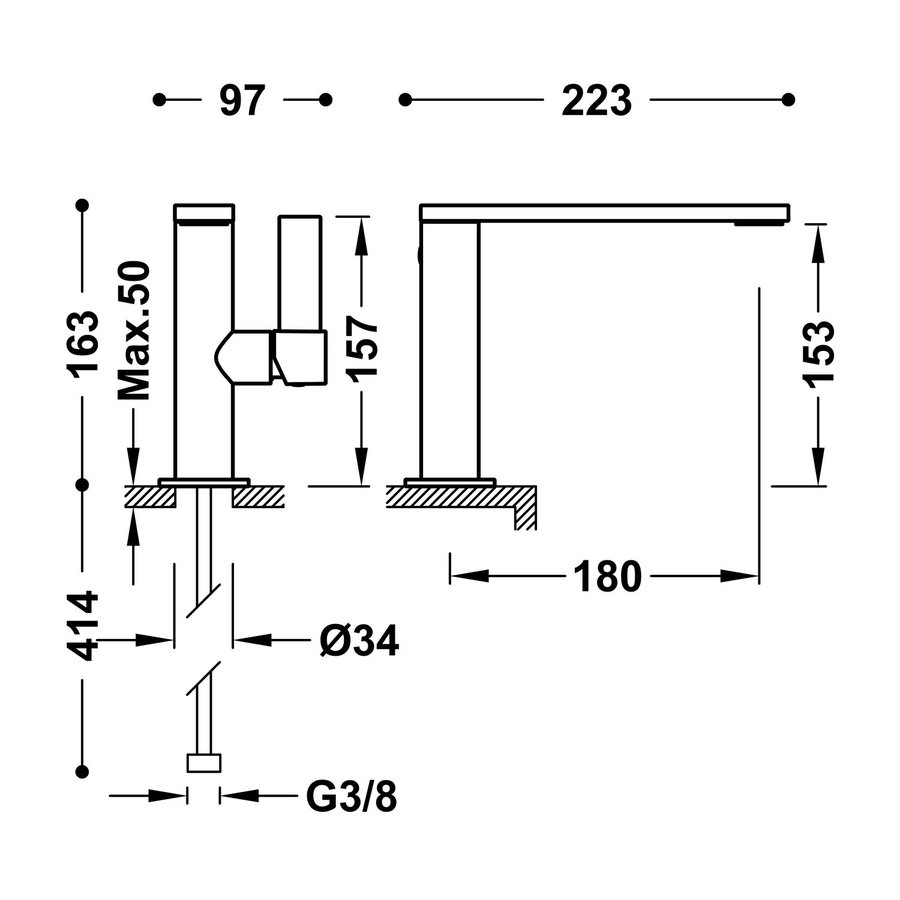 Wastafelmengkraan Tres Project 1-Hendel Uitloop Recht 15,3 cm Rond Mat Wit