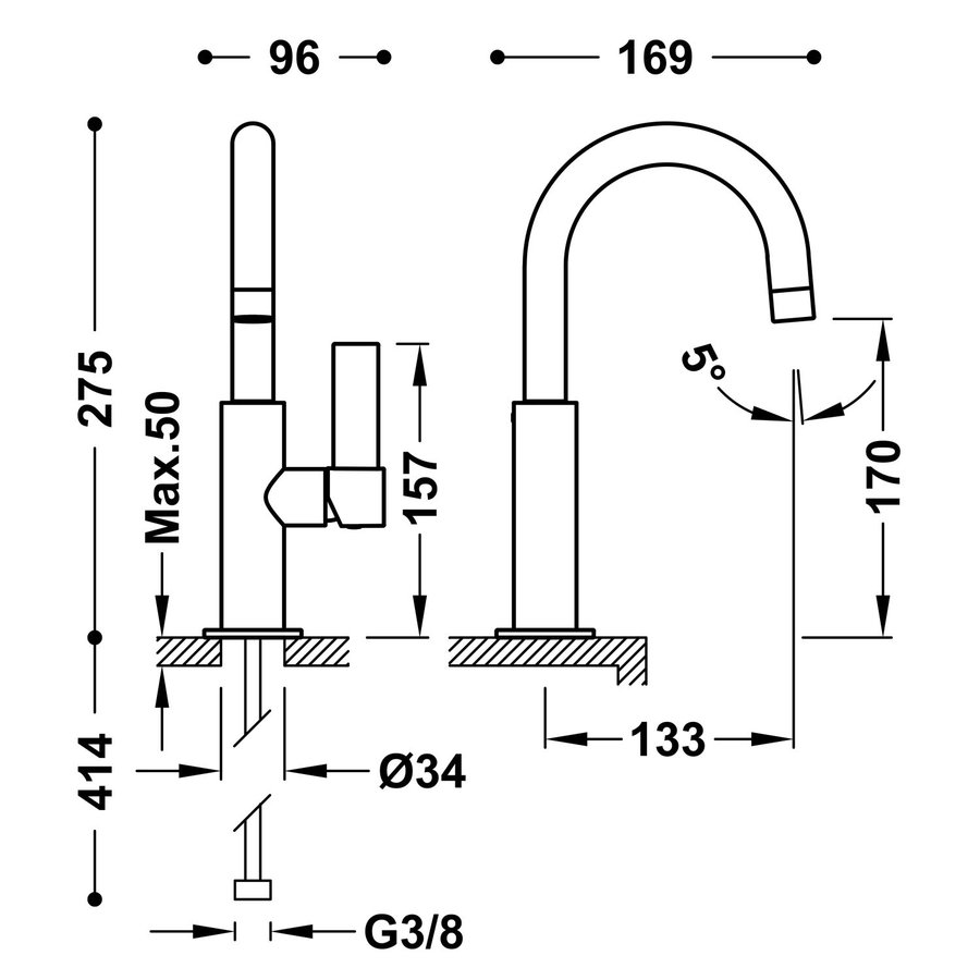 Wastafelmengkraan Tres Project 1-Hendel Uitloop Gebogen 17 cm Rond RVS