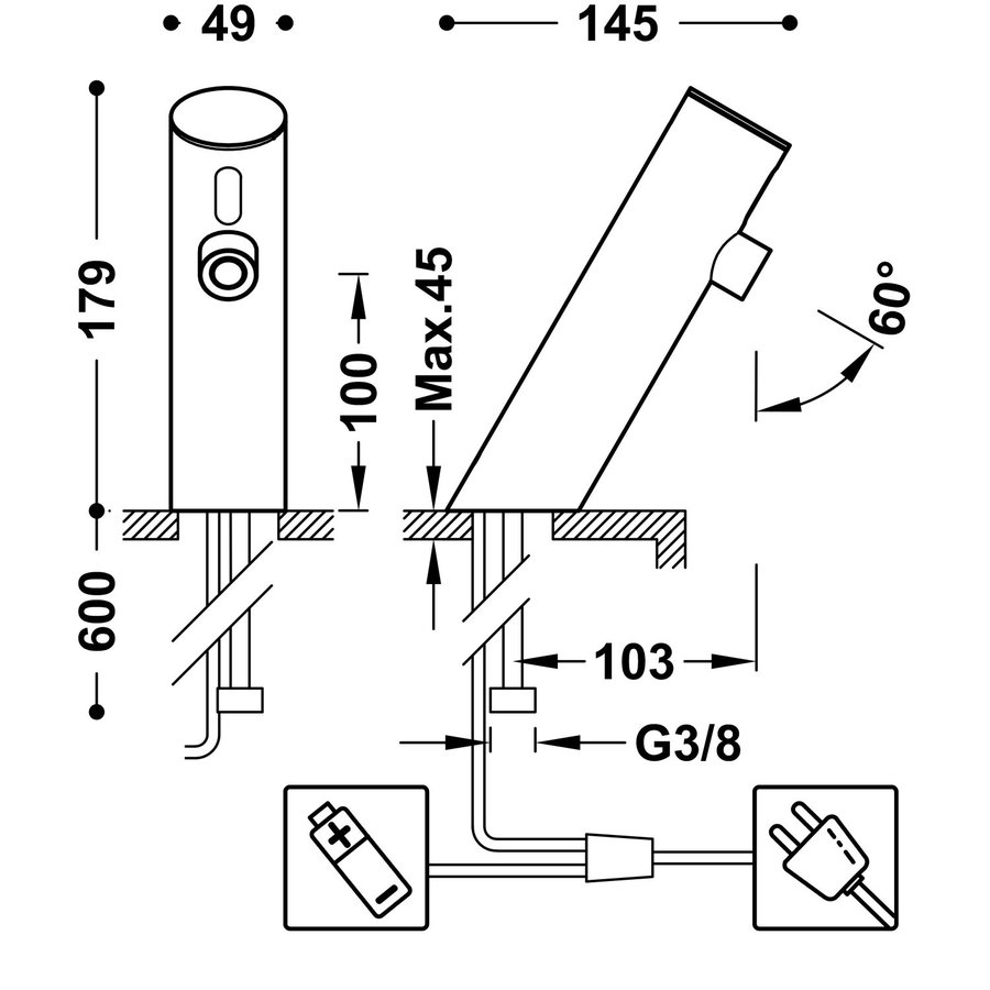 Elektronische Fonteinkraan Tres Tempo Base Schuin Chroom