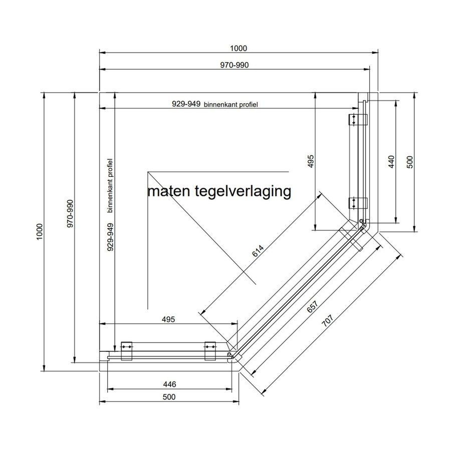 Douchecabine Van Rijn ST05 Vijfhoek Met Standaard Deur 100x200 cm 8 mm Helder Glas Zwart