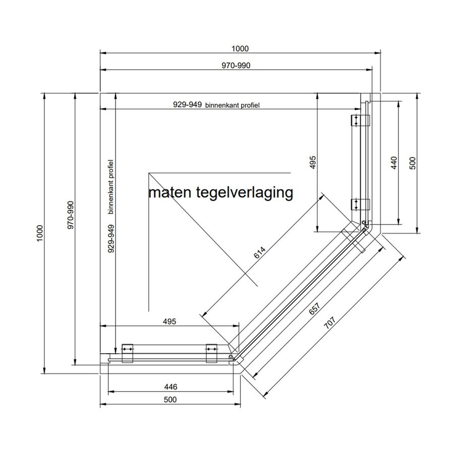 Douchecabine Van Rijn ST05 Vijfhoek Met Standaard Deur 100x200 cm 8 mm Helder Glas Zwart