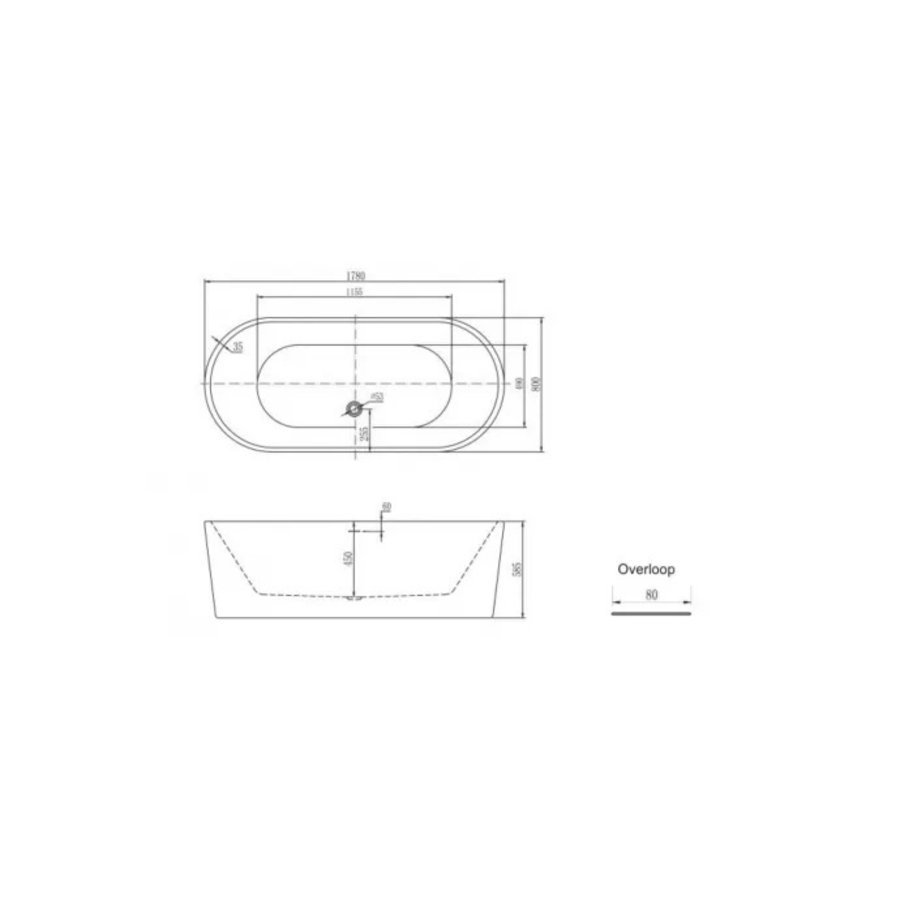 Vrijstaande Whirlpool Libero 178x80x58.5 cm Luchtsysteem Mat Wit (afvoer optioneel)