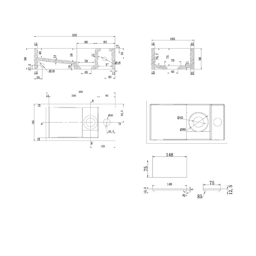 Fonteinset Luca Sanitair Iris 35x18.5x9cm Solid Surface L+R Te Plaatsen (Geen kraangat)