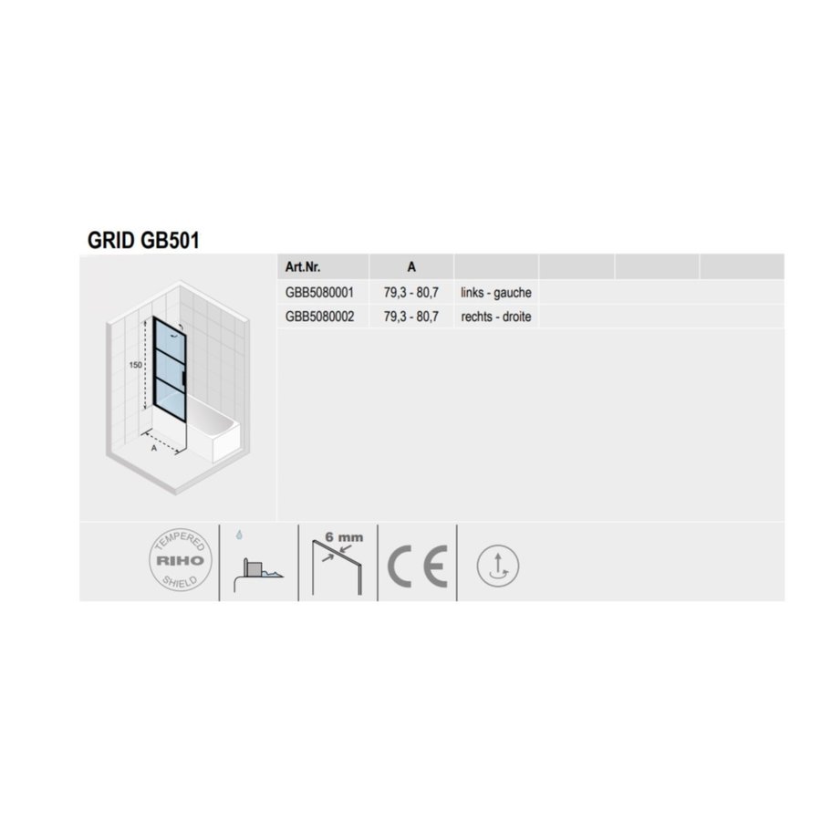 Badwand met Klapdeur Riho Grid 80x150 cm 6 mm Helderglas Zwarte Profielen Rechts