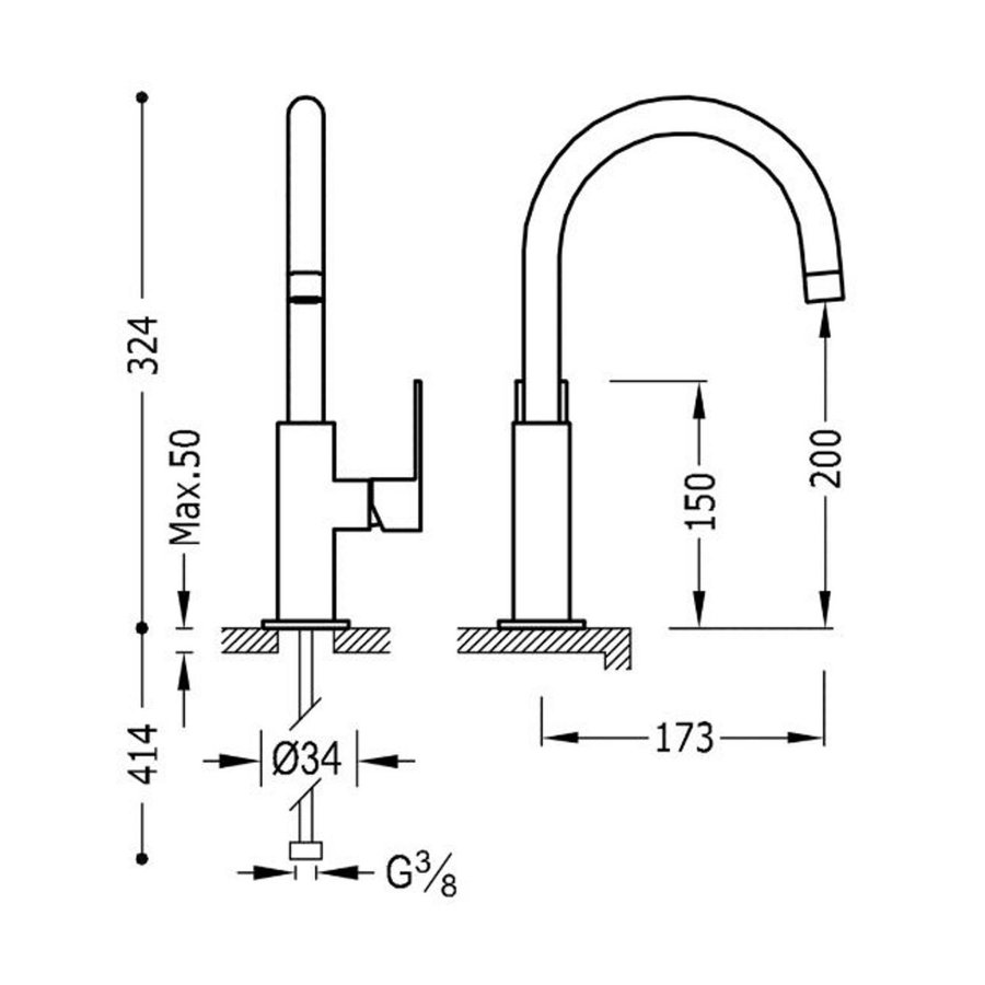 Wastafelmengkraan Tres Loft 1-Hendel Uitloop Gebogen 20 cm Rond Mat Zwart