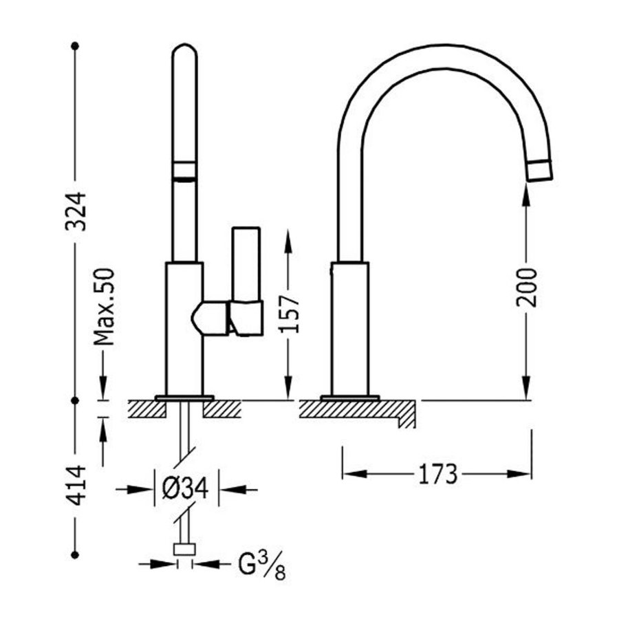 Wastafelmengkraan Tres Project 1-Hendel Uitloop Gebogen 20 cm Rond Mat Zwart