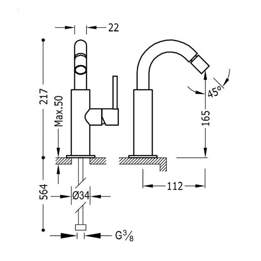 Bidetmengkraan Tres Study Colors 1-Hendel Uitloop Gebogen 16.5 cm Rond Mat Wit