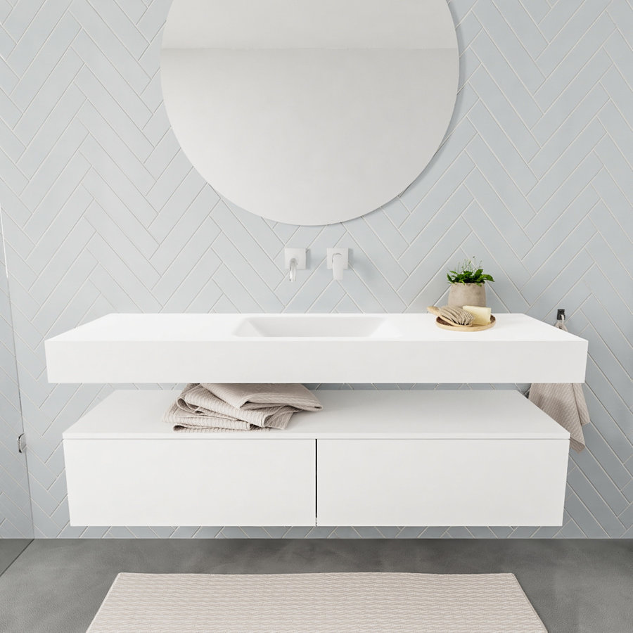 Badkamermeubel AQS Ibiza 150 cm Twee Soft-Close Lades Solid Surface Wastafel Mat Wit (acht varianten)