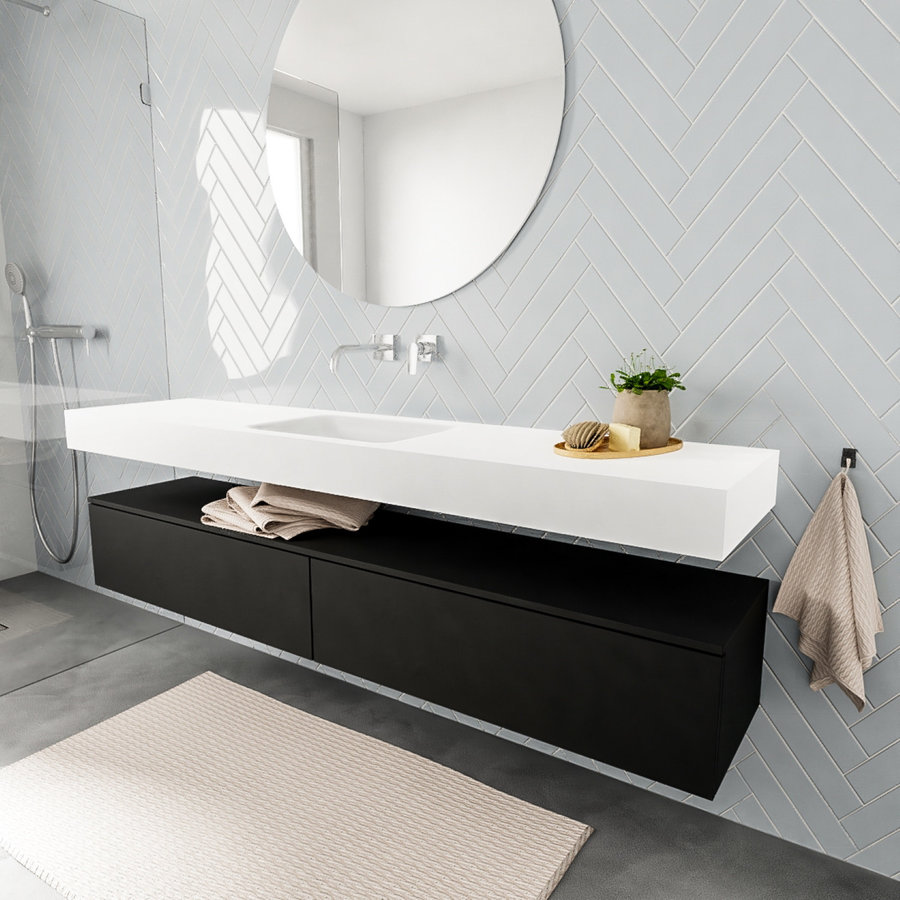 Badkamermeubel AQS Ibiza 200 cm Solid Surface Mat Zwart Twee Soft-Close Lades Wastafel Mat Wit (acht varianten)