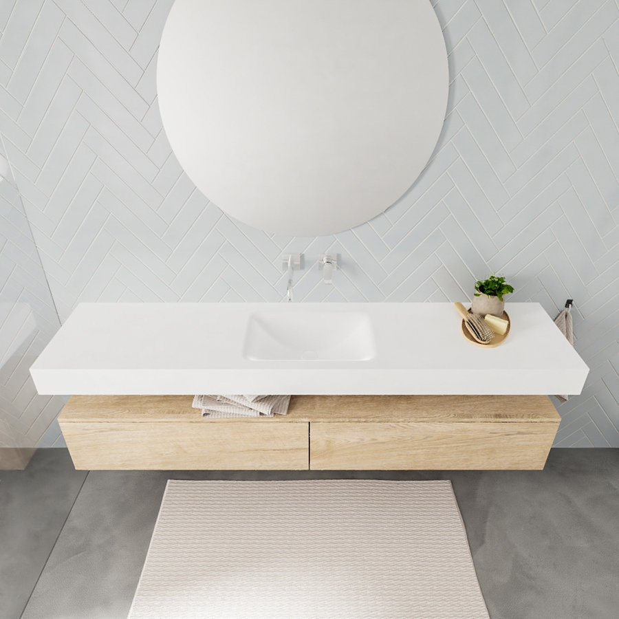 Badkamermeubel AQS Ibiza 200 cm Washed Oak Twee Soft-Close Lades Solid Surface Wastafel Mat Wit (acht varianten)