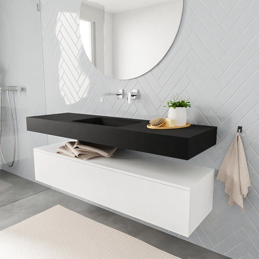 Badkamermeubel AQS Ibiza 150 cm Mat Wit Solid Surface Wastafel Mat Zwart (acht varianten)