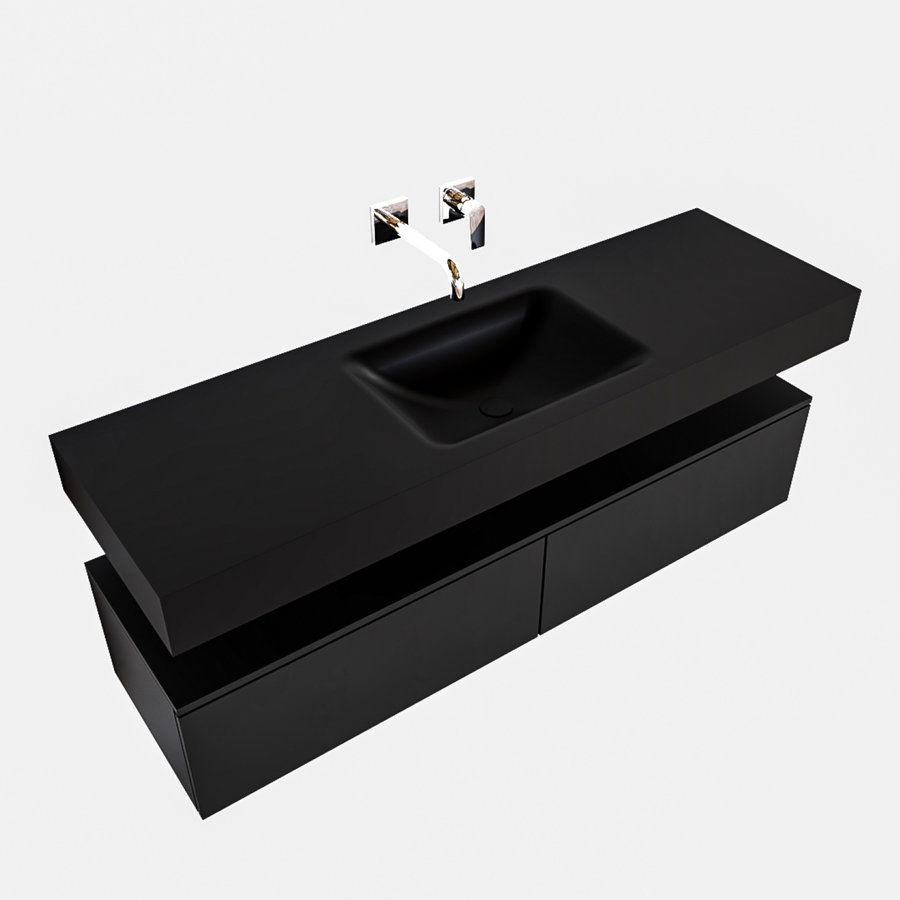 Badkamermeubel AQS Ibiza 150 cm Twee Soft-Close Lades Solid Surface Wastafel Mat Zwart (acht varianten)