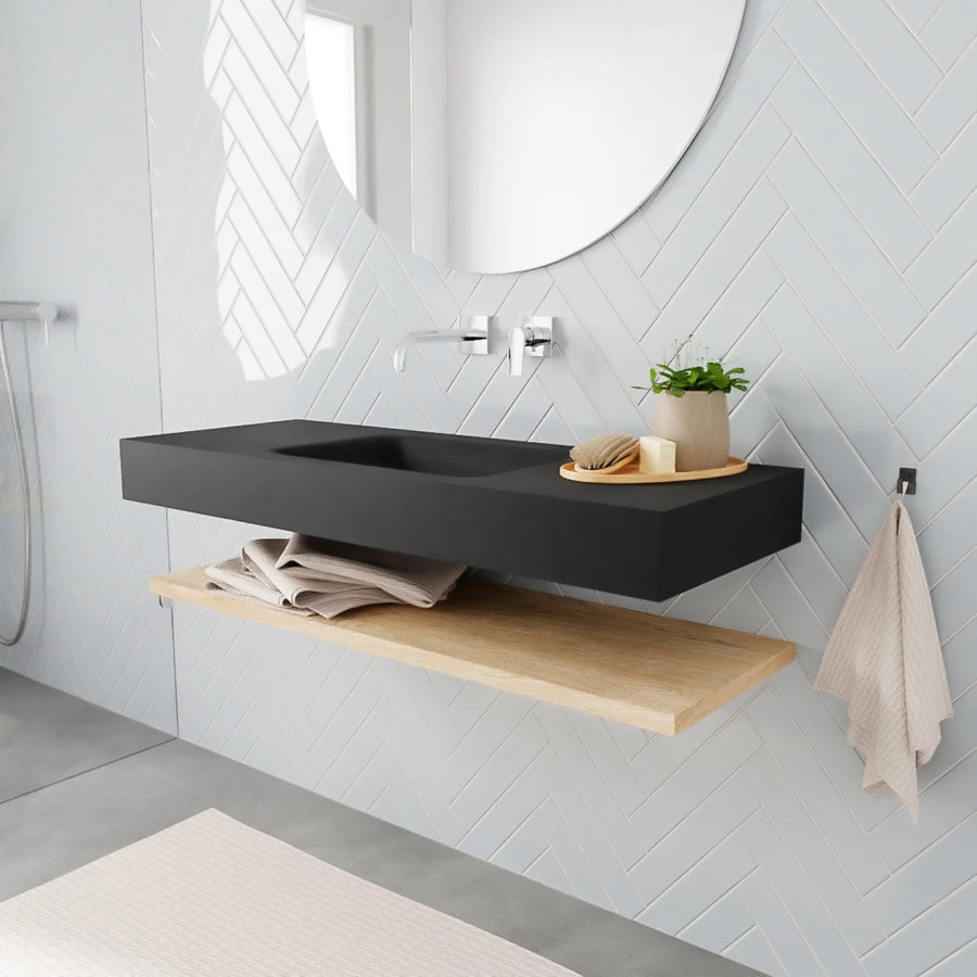 Badkamermeubel AQS Ibiza 120 cm met Washed Oak Planchet Solid Surface Wastafel Mat Zwart (acht varianten)